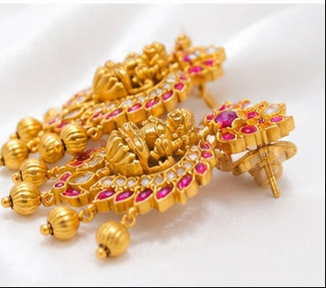 Handcrafted Temple Style Lakshmi Statement Earrings with Ruby Kemp Stones & Fluted Gold Beads
