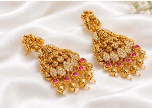 Antique Gold-Plated Lakshmi & Peacock Temple Dangler Earrings