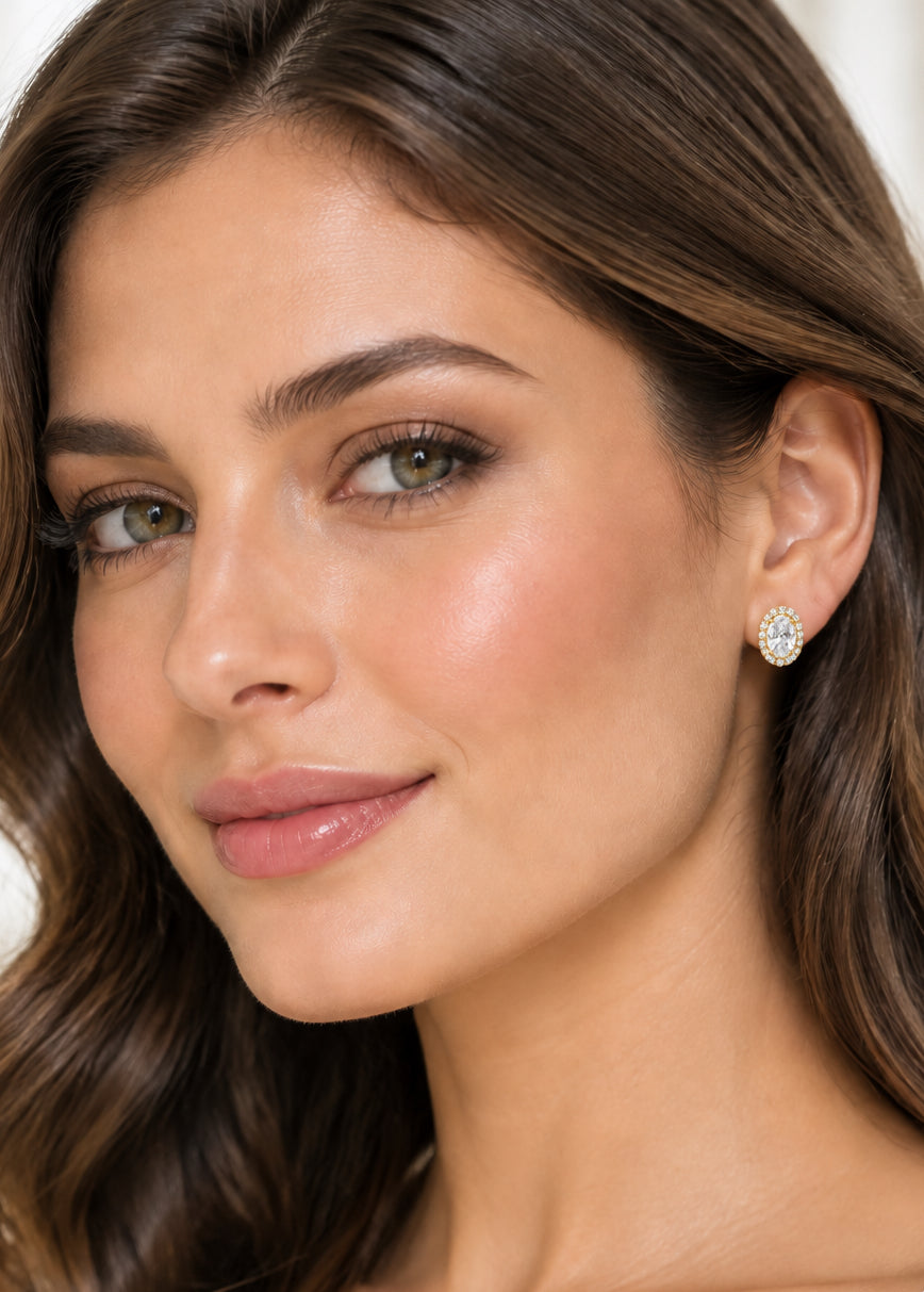 Sparkling Oval Cut Cubic Zirconia Halo Studs – Gold Finish