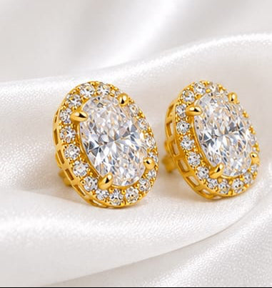 Sparkling Oval Cut Cubic Zirconia Halo Studs – Gold Finish