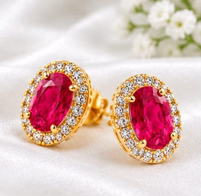 Oval Ruby- Pink  & Cubic Zirconia Gold-Tone Halo Stud Earrings