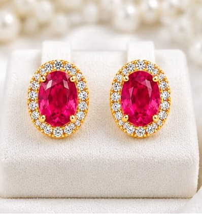 Oval Ruby- Pink  & Cubic Zirconia Gold-Tone Halo Stud Earrings