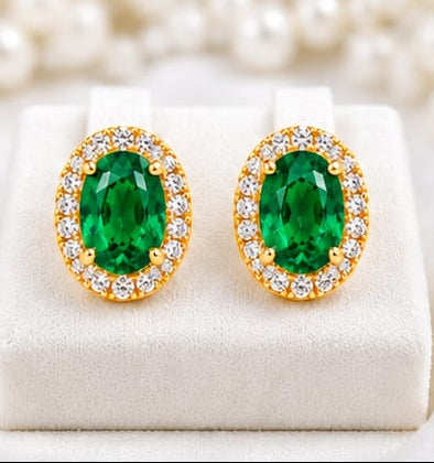 Oval Emerald-Green & Cubic Zirconia Halo Stud Earrings