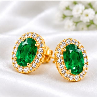 Oval Emerald-Green & Cubic Zirconia Halo Stud Earrings