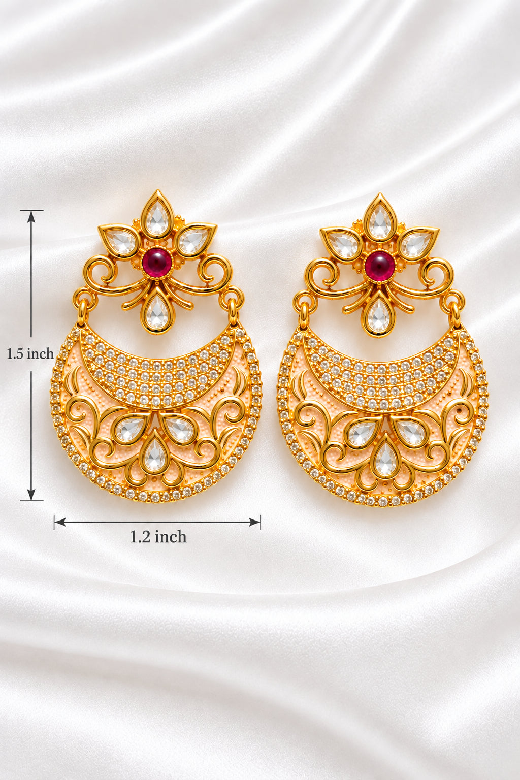 Premium Kundan & Meenakari Crescent Chandbali Earrings with Pink Enamel Accent