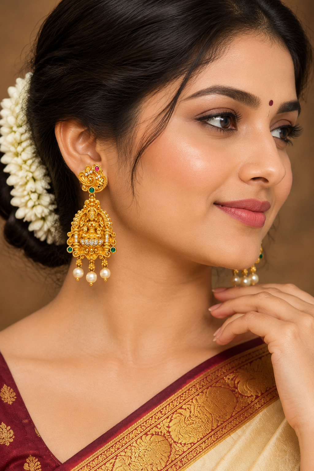 Premium Gold-Plated Goddess Lakshmi Temple Jhumka/Drop Earrings with CZ & Pearls