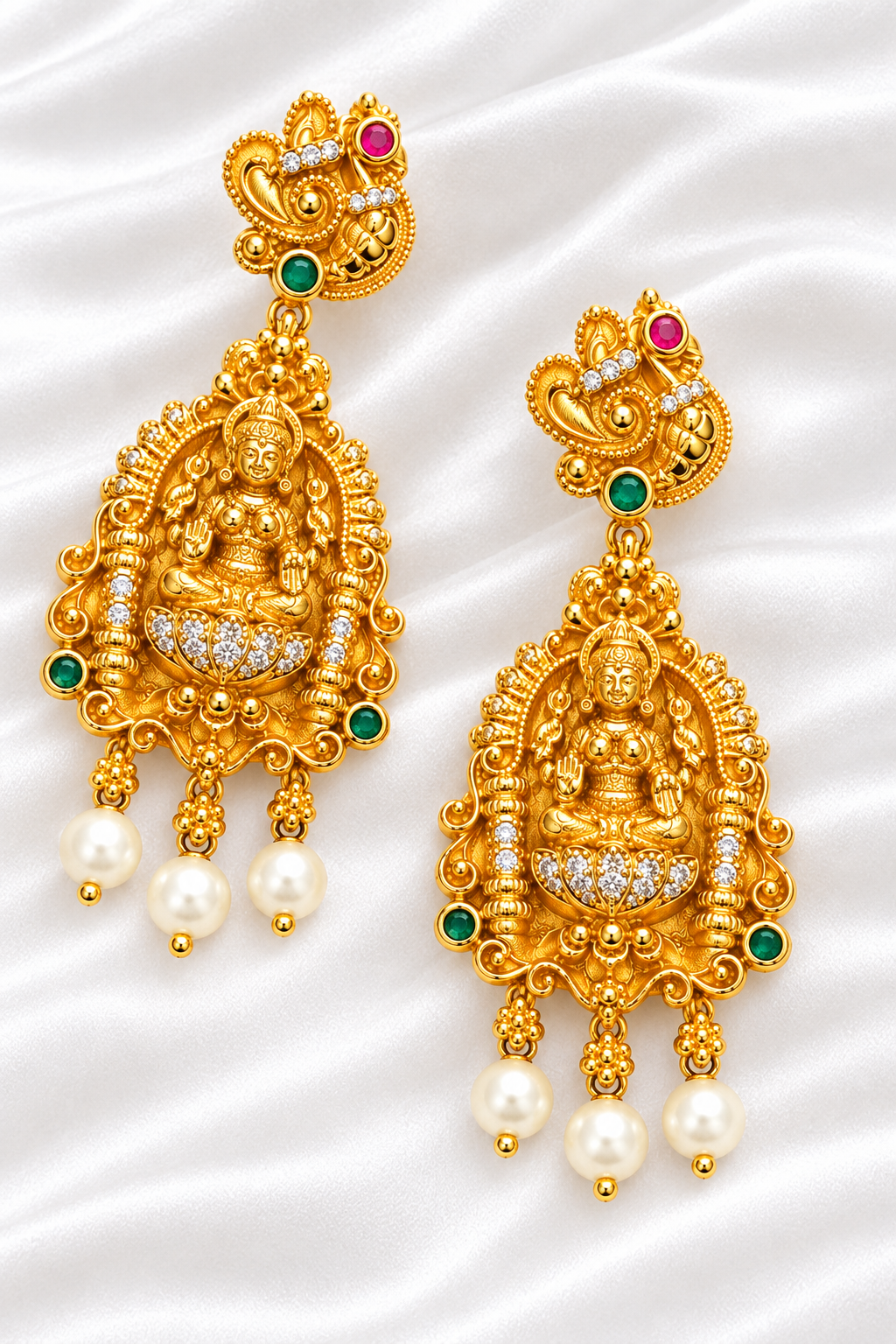 Premium Gold-Plated Goddess Lakshmi Temple Jhumka/Drop Earrings with CZ & Pearls