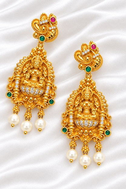Premium Gold-Plated Goddess Lakshmi Temple Jhumka/Drop Earrings with CZ & Pearls