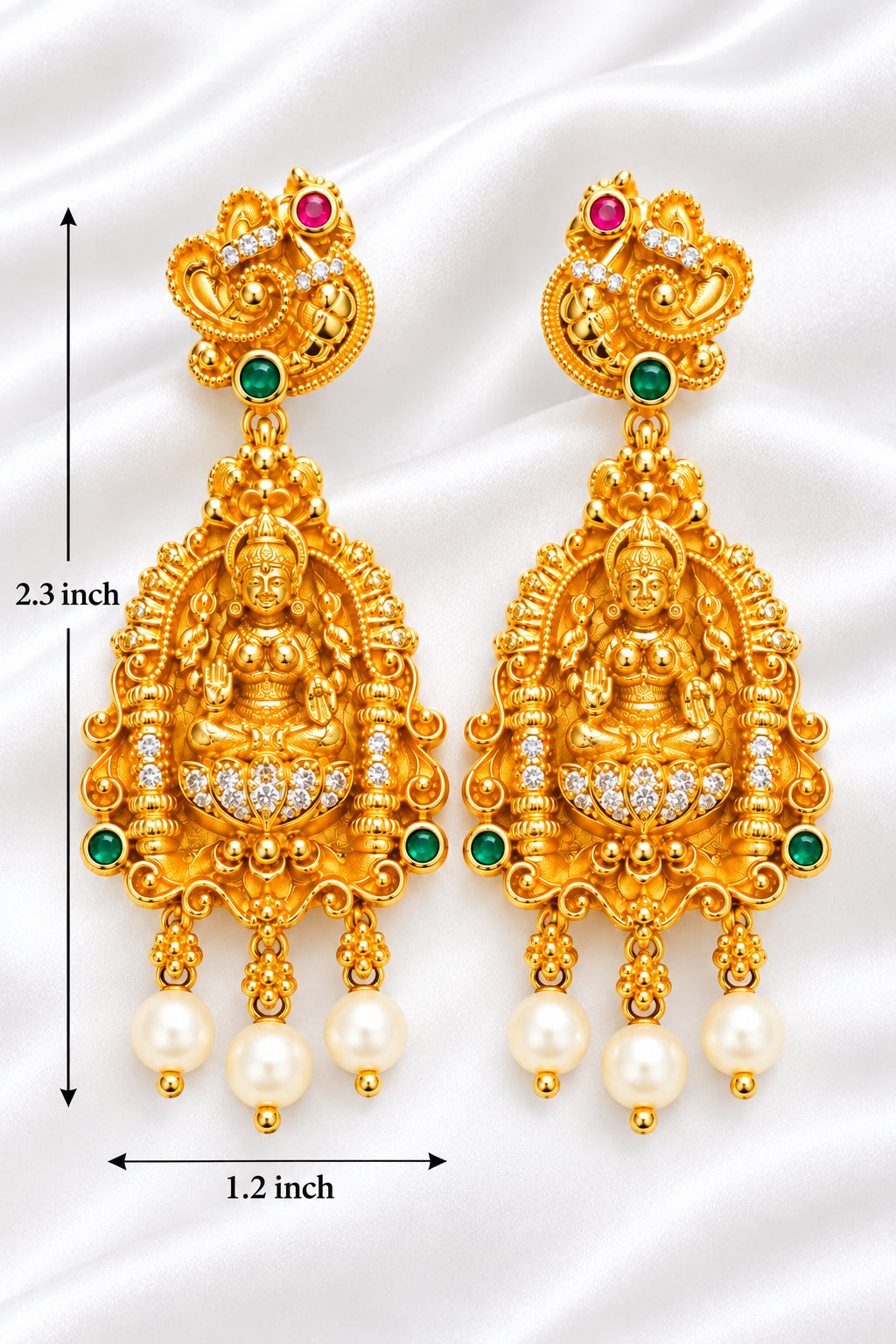 Premium Gold-Plated Goddess Lakshmi Temple Jhumka/Drop Earrings with CZ & Pearls