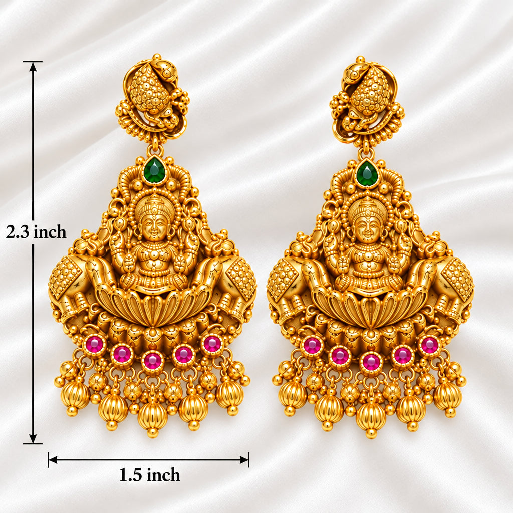 Premium Antique Gold-Plated Gajalakshmi Temple Earrings with Ruby & Emerald Stones