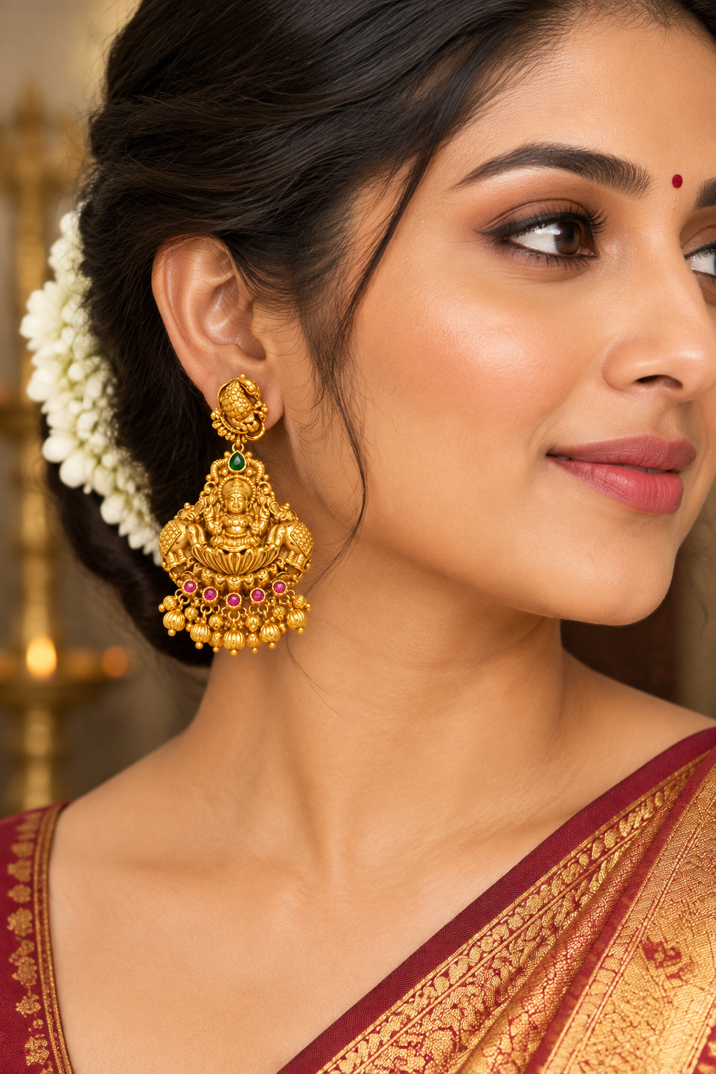 Premium Antique Gold-Plated Gajalakshmi Temple Earrings with Ruby & Emerald Stones
