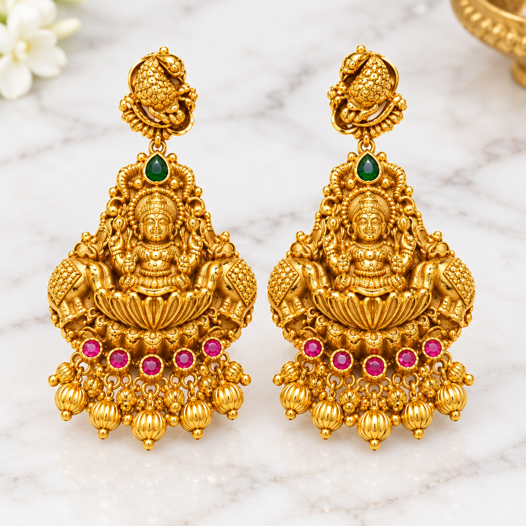 Premium Antique Gold-Plated Gajalakshmi Temple Earrings with Ruby & Emerald Stones
