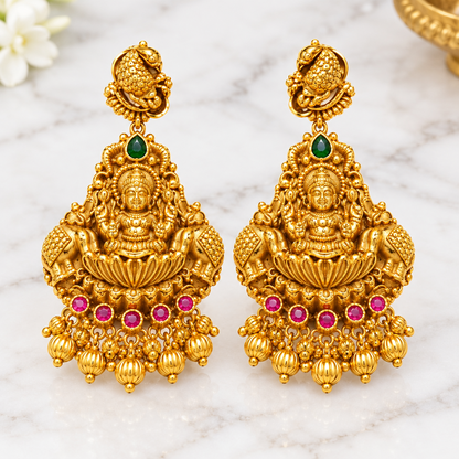 Premium Antique Gold-Plated Gajalakshmi Temple Earrings with Ruby & Emerald Stones