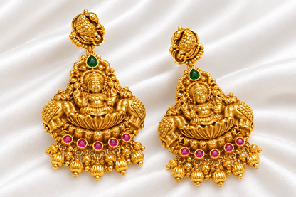 Premium Antique Gold-Plated Gajalakshmi Temple Earrings with Ruby & Emerald Stones