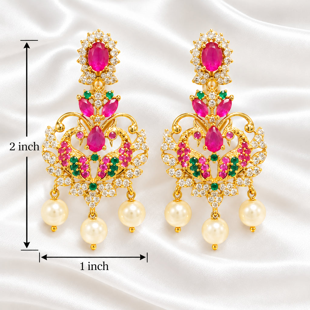 Gold-Plated Peacock Chandbali Drop Earrings with Ruby, Emerald & CZ Stones