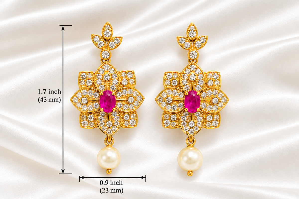 Gold-Plated Ruby-Pink & CZ Floral Starburst Drop Earrings with Pearl
