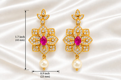 Gold-Plated Ruby-Pink & CZ Floral Starburst Drop Earrings with Pearl