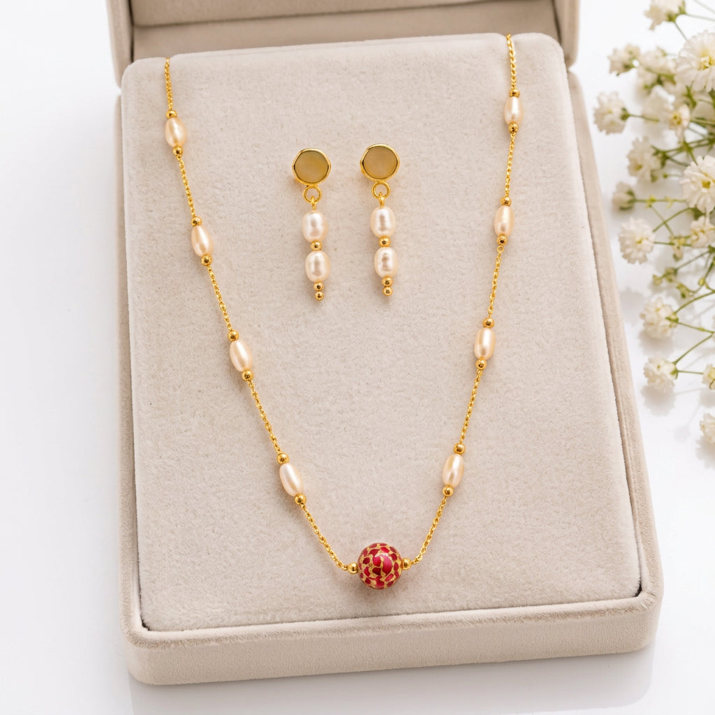 Gold Pearl Necklace & Earring Set with Ruby Bead , Delicate Freshwater Pearl