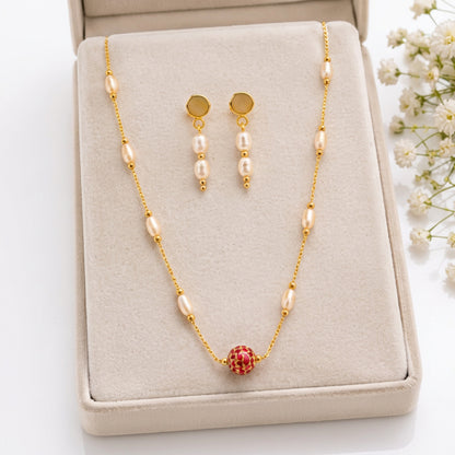 Gold Pearl Necklace & Earring Set with Ruby Bead , Delicate Freshwater Pearl