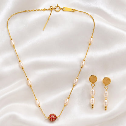 Gold Pearl Necklace & Earring Set with Ruby Bead , Delicate Freshwater Pearl