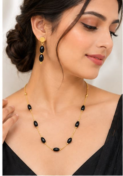 Gold-Plated Black Crystal Bead Chain with Matching Earrings