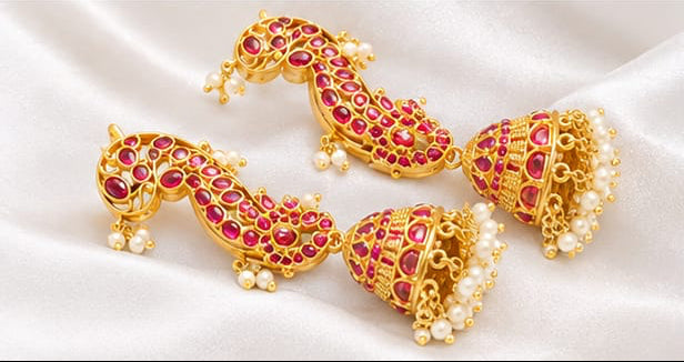 Traditional South Indian Kemp Stone Ear Cuff Jhumka Set with Pearl Hangings