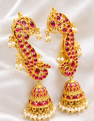 Traditional South Indian Kemp Stone Ear Cuff Jhumka Set with Pearl Hangings
