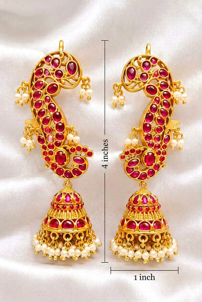 Traditional South Indian Kemp Stone Ear Cuff Jhumka Set with Pearl Hangings