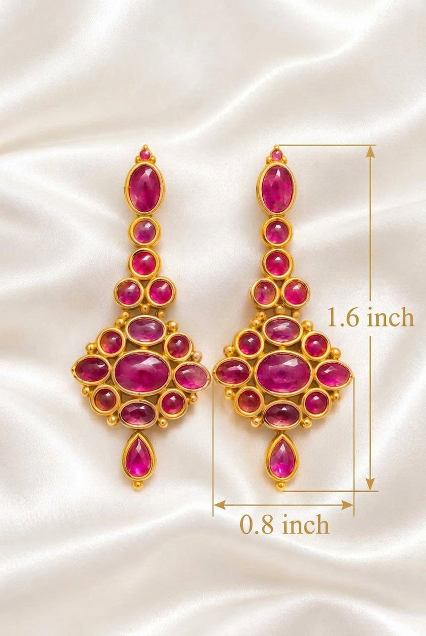 Royal Ruby Red Statement Drop Earrings | Gold-Plated Kemp Danglers