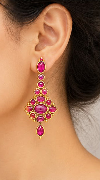 Royal Ruby Red Statement Drop Earrings | Gold-Plated Kemp Danglers