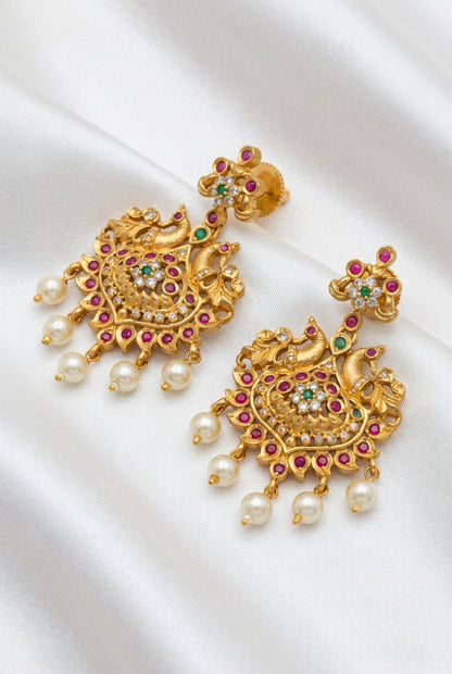 Traditional South Indian Mayur Motif Earrings with Multi-Color Stones & Pearl Hangings