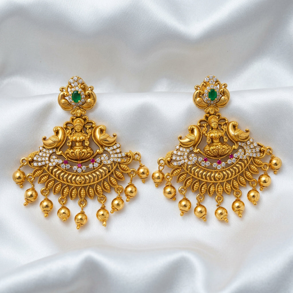 Antique Gold Goddess Lakshmi Earrings with Ruby, Emerald & White CZ Stones