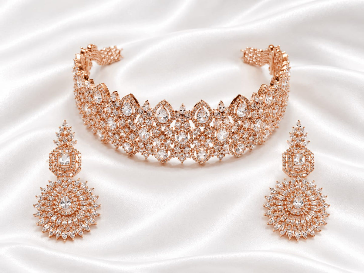 Rose Gold American Diamond / Cubic Zirconia Statement Choker & Earrings Set