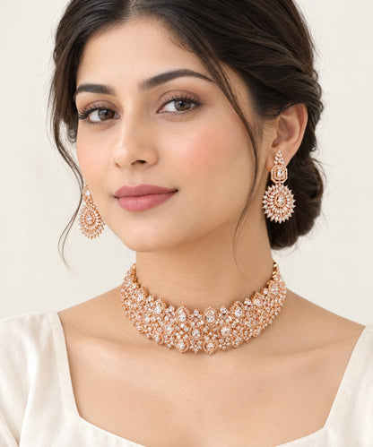 Rose Gold American Diamond / Cubic Zirconia Statement Choker & Earrings Set