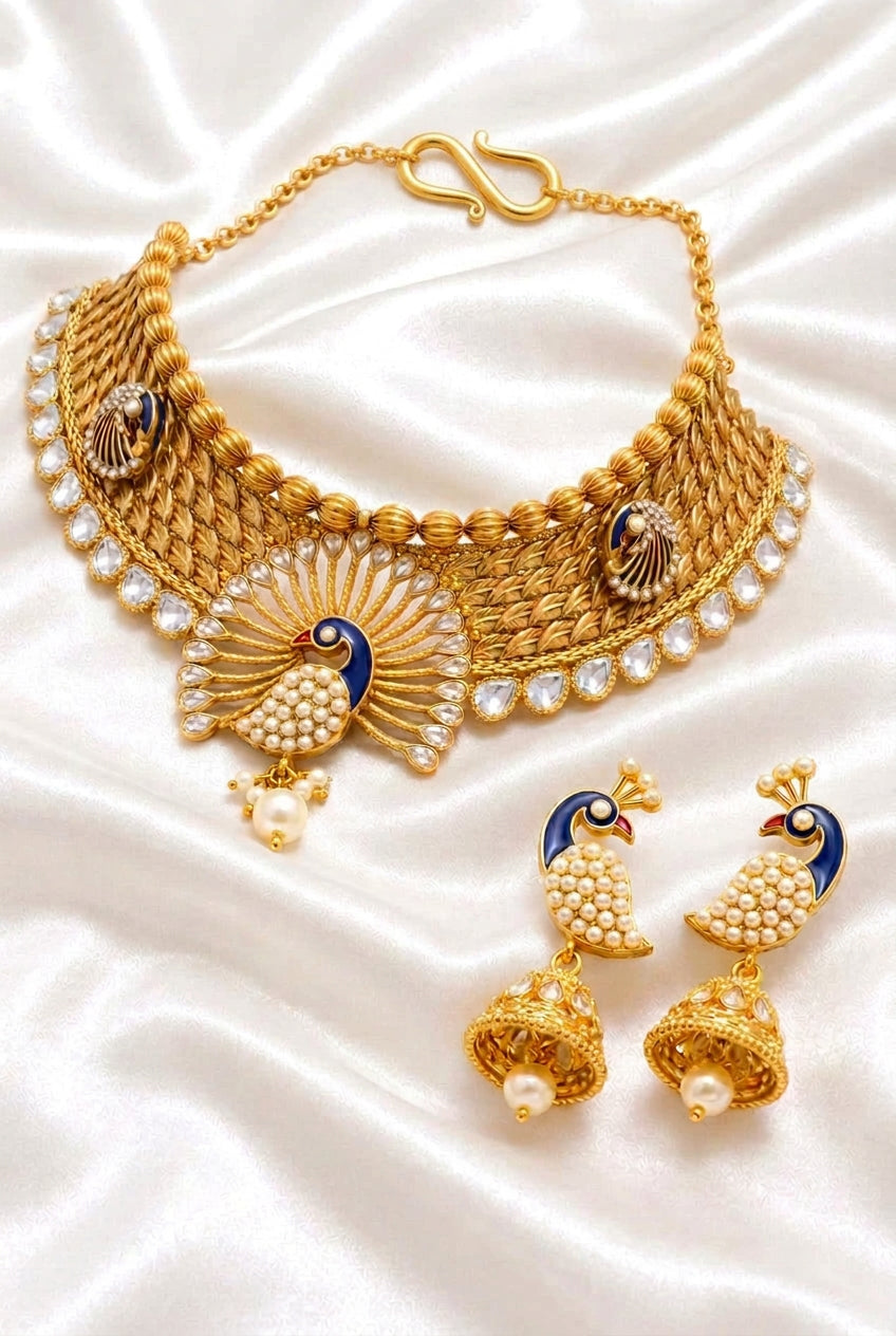Majestic Peacock Choker Necklace & Jhumka Set | Royal Blue Enamel Jewelry