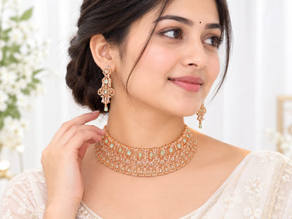 Rose Gold Plated Choker Necklace Set with Mint Green Stone Earrings