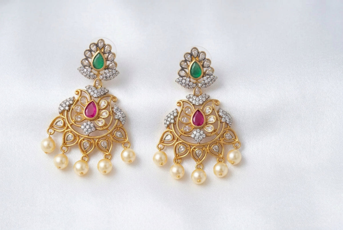 Gold Plated CZ Chandler Earrings with Emerald & Ruby Pink Stones & Pearl Drops | Festive Indian Statement Earrings