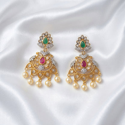 Gold Plated CZ Chandler Earrings with Emerald & Ruby Pink Stones & Pearl Drops | Festive Indian Statement Earrings