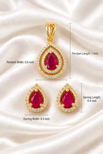 Exquisite Pear-Cut Ruby & Zirconia Double-Halo Pendant and Matching Push-Back Earrings Set in Gold Finish