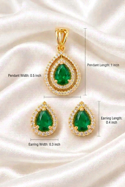 Regal Pear-Cut Emerald Green & Zirconia Double-Halo Pendant and Matching Push-Back Earrings Set in Gold Finish