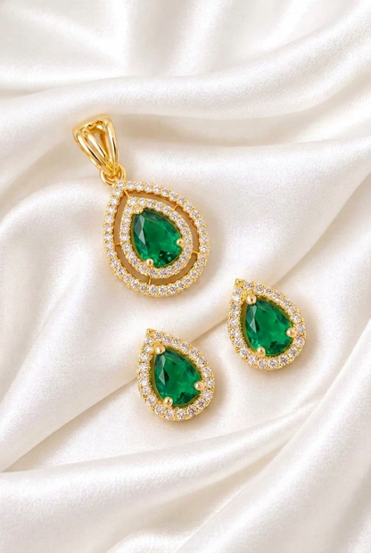 Regal Pear-Cut Emerald Green & Zirconia Double-Halo Pendant and Matching Push-Back Earrings Set in Gold Finish