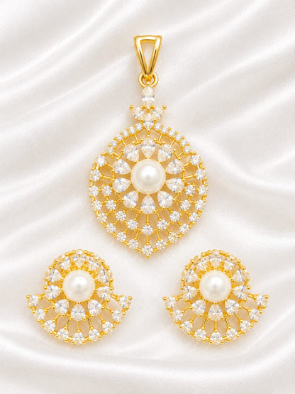 Gold Plated Pearl Pendant and Earring Set with American Diamond Stones