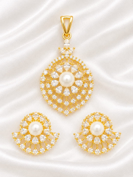 Gold Plated Pearl Pendant and Earring Set with American Diamond Stones