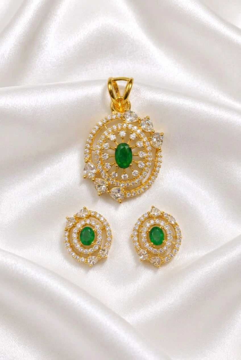 Elegant Emerald & CZ Gold-Plated Pendant and Earring Set | Radiant Oval Green Stone Jewelry