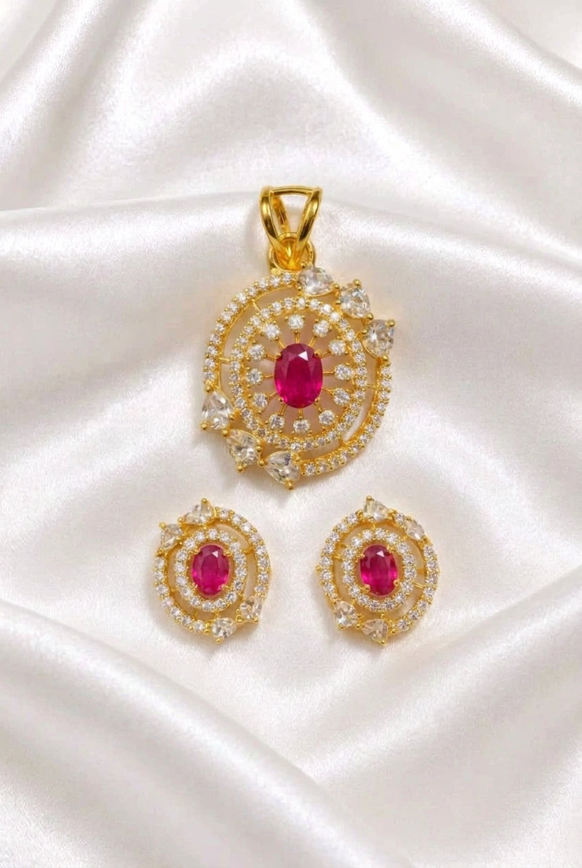 Sparkling Cubic Zirconia & Ruby Pink  Oval Gemstone Pendant with Matching Stud Earrings