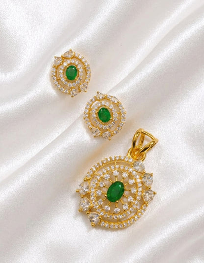 Elegant Emerald & CZ Gold-Plated Pendant and Earring Set | Radiant Oval Green Stone Jewelry