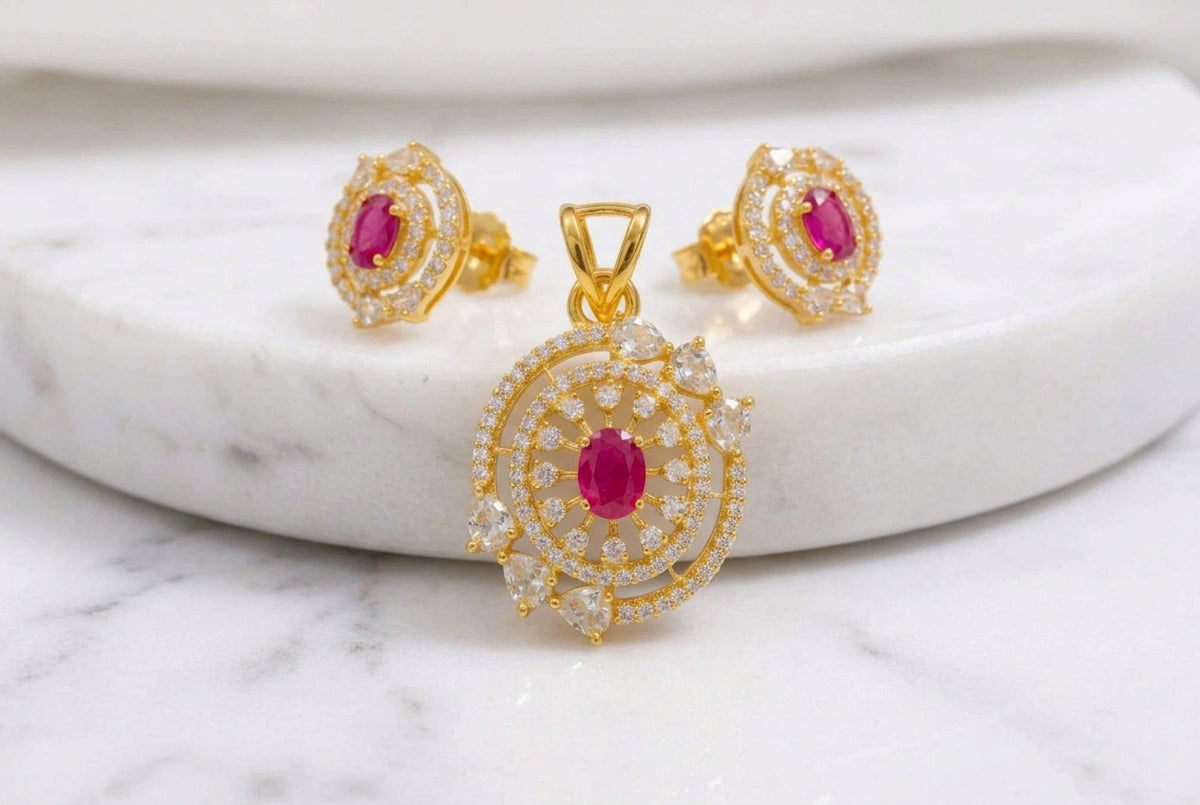 Sparkling Cubic Zirconia & Ruby Pink  Oval Gemstone Pendant with Matching Stud Earrings