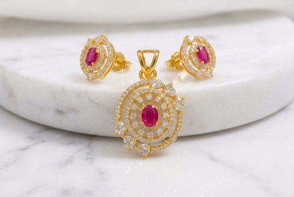 Sparkling Cubic Zirconia & Ruby Pink  Oval Gemstone Pendant with Matching Stud Earrings
