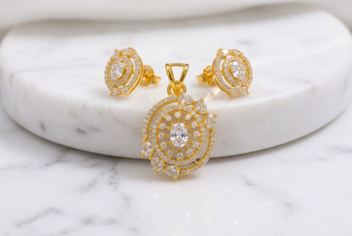 Dazzling Clear CZ Gold-Plated Pendant Set | Pristine White Oval Stone Jewelry with Stud Earrings