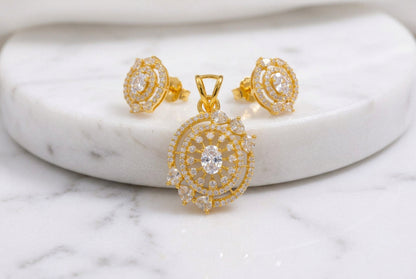 Dazzling Clear CZ Gold-Plated Pendant Set | Pristine White Oval Stone Jewelry with Stud Earrings
